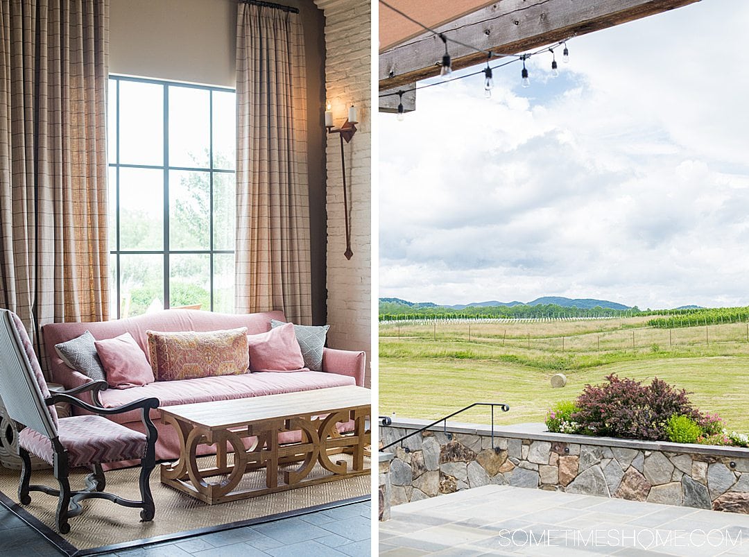 A pink couch and view of the Blue Ridge Mountains at Early Mountain Vineyards.